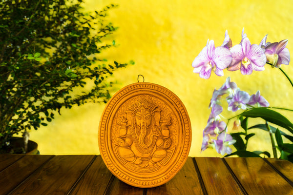 Ganesh terracotta sculpture - Hand Crafted Terracotta wall hanging plate - Primitive tribal craft And a Vintage Art Form - mollisarts -India