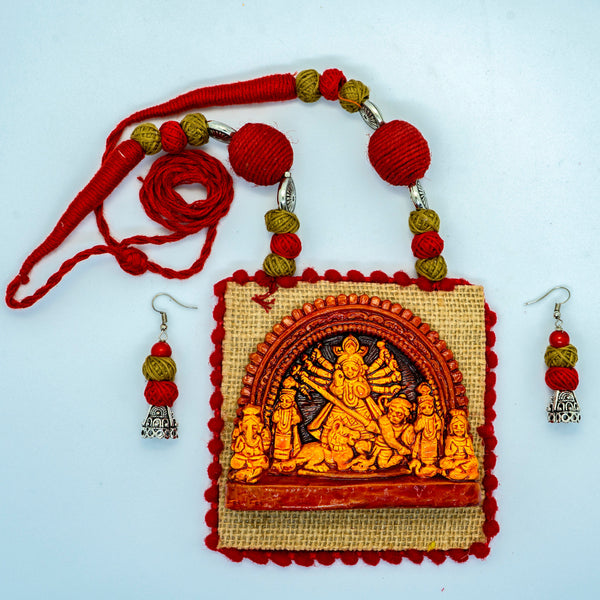 Terracotta wedding jewellery gift - Portraying Indian Goddess Durga with Family - Essential Ethnic jewellery- Indic Boho Fashion -mollisarts