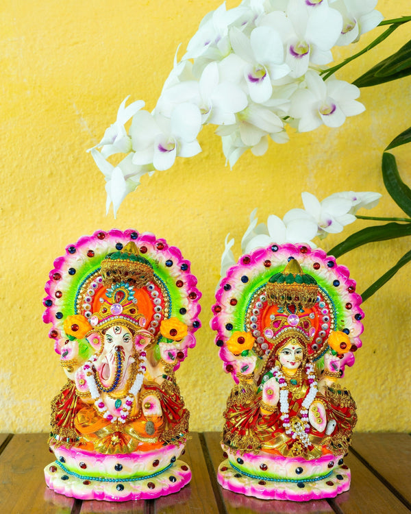 Terracotta Clay Lakshmi Ganesh Statues on lotus  - Hindu God and Goddess of wealth - handmade ecofriendly clay idols - by MollisArts India