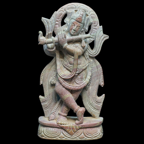 Monolithic Stone Hand Sculpted Krishna Statue - Primitive tribal craft and vintage art form of India - HOLI DECORATIONS - by MollisArts