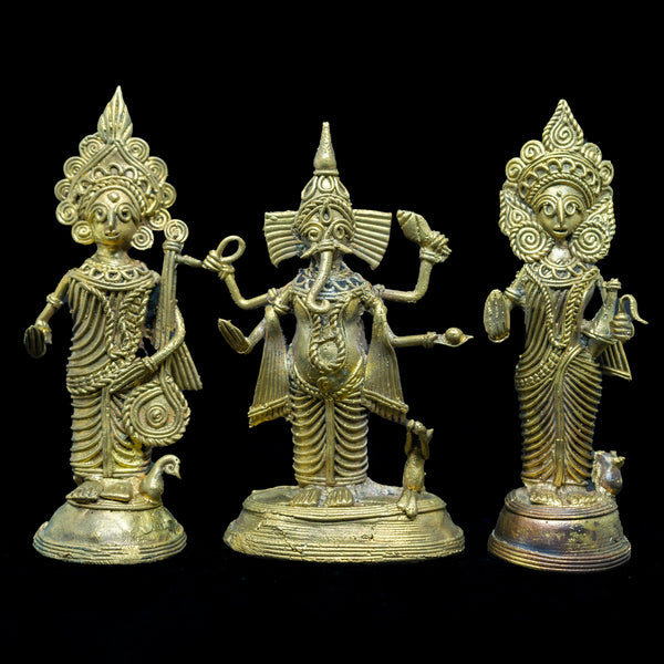 Dhokra Art - Indian brass statue of Lakshmi Ganesh Saraswati - Primitive Indian folk art- A vintage Indian art form - by mollisarts