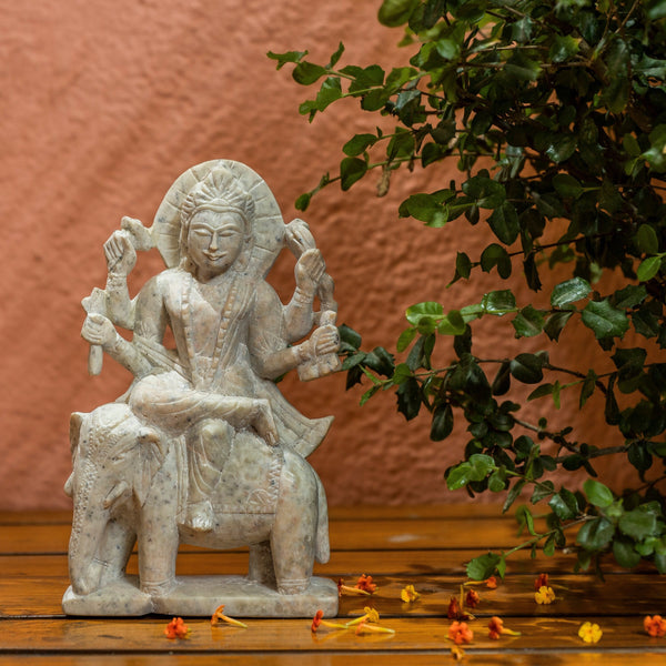 Hindu god of craftsmen, artisans and architecture Vishwakarma on white elephant statue - Son of Lord Brahma stone carved Indian sculpture