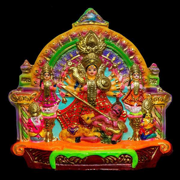 Mahishasura Mardini Traditional Terracotta Durga Murti Idol with family - Hand made & painted - Hindu statue- Delivery within 4 weeks