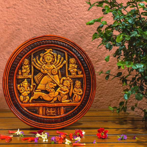 Hindu wall art Mahishasura Mardini Durga Maa statue with family - Terracotta tile wall art for Puja and Home Decor - Delivery within 4 weeks