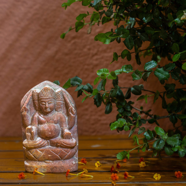 Monolithic Handmade Kubera Stone Sculpture: Hindu god of wealth Kuber pink lime stone  Statue  - Indian folk art- presented by MollisArts