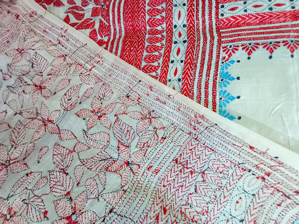 Govt of India silk mark -Bengali Handloom kantha stich on tussar silk sari with readymade blouse -Indian Pure Silk Durga Puja saree