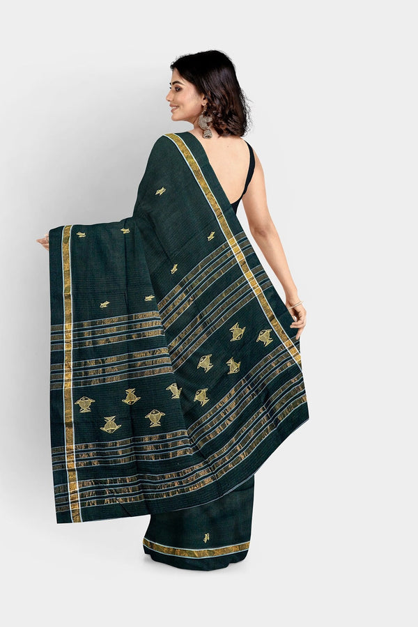 Bengali Handloom pure khadi black gold saree in jamdani fish motif-Govt. of India certified handloom mark-Indian organic cotton sari blouse
