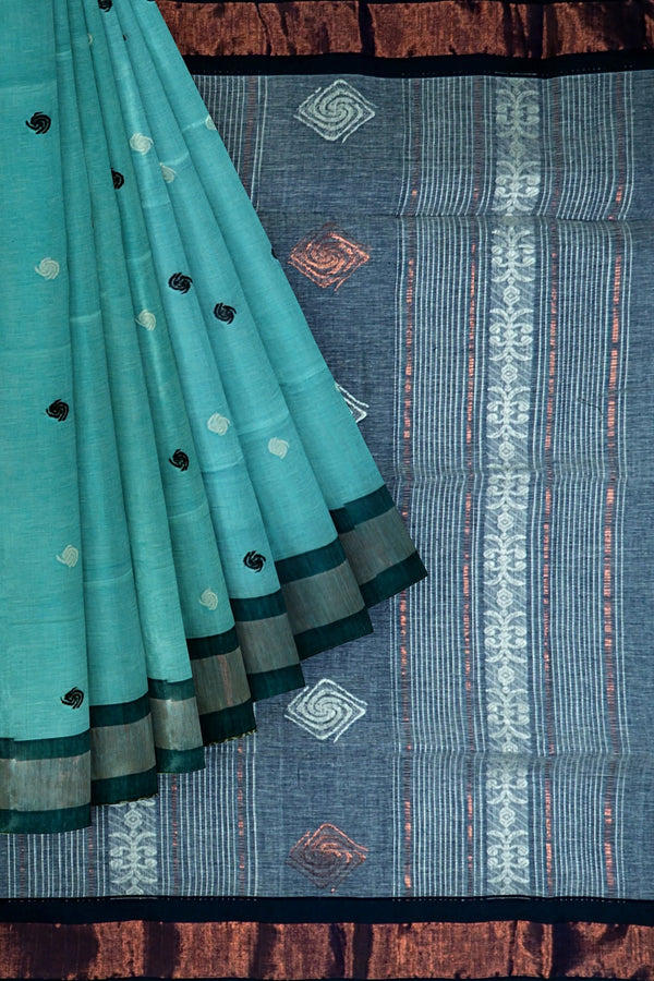 Bengali Handloom pure khadi cotton sky & black saree -Govt. of India certified handloom mark -Indian organic cotton sari blouse -MollisArts