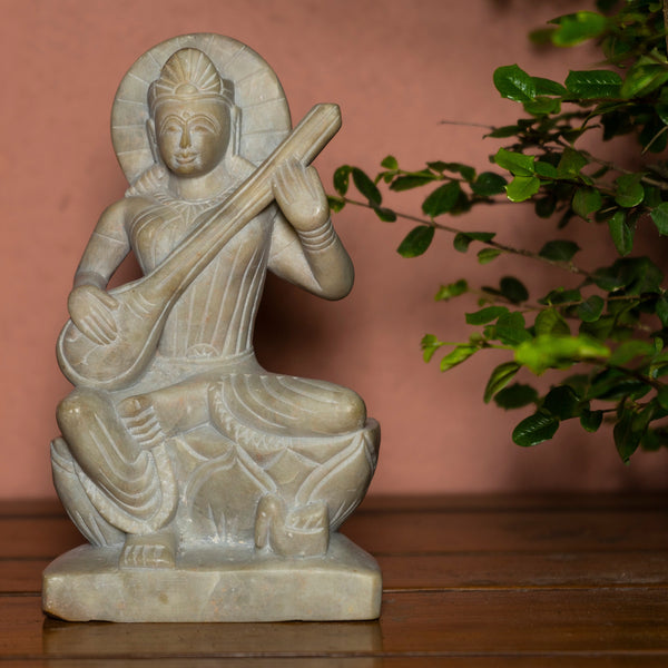 Saraswati murti : Stone sculpture of Hindu Goddess of Knowledge, Music and Art, Music Statue - Indian handicraft by mollisarts