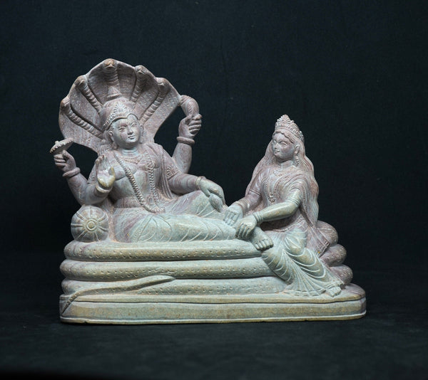 Monolithic Hindu Stone sculpture  -Hand Made Vishnu Lakshmi Narayan in Ananta Sojya statue idol - aquarium decoration- mollisarts from India