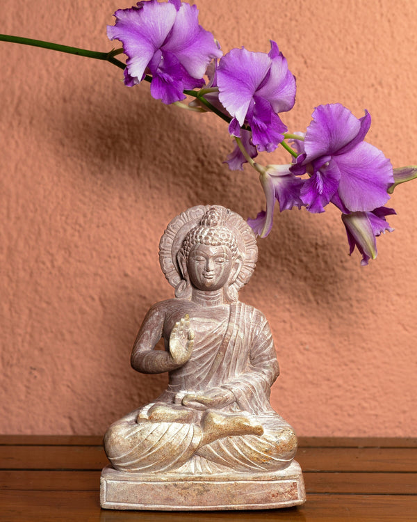 Hand Sculpted monolithic limestone Small Buddha Statue - Primitive tribal craft And a Vintage Art Form of India  - by mollisarts