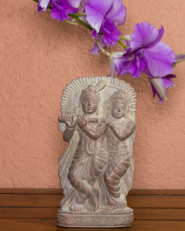 Vintage valentine figurine - Monolithic Stone Krishna Statue with Radha - Hand Sculpted Primitive tribal craft form of India