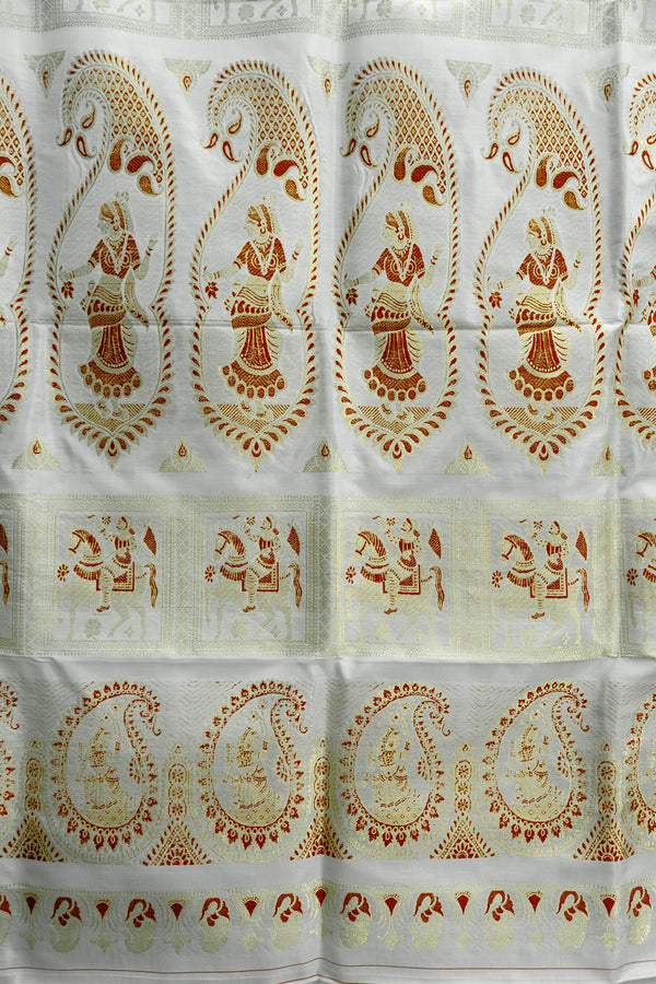 Govt of India silk mark- Bengali Handloom Bishnupuri Swarnachri Red White sari with readymade blouse - Indian Pure Silk Durga Puja saree