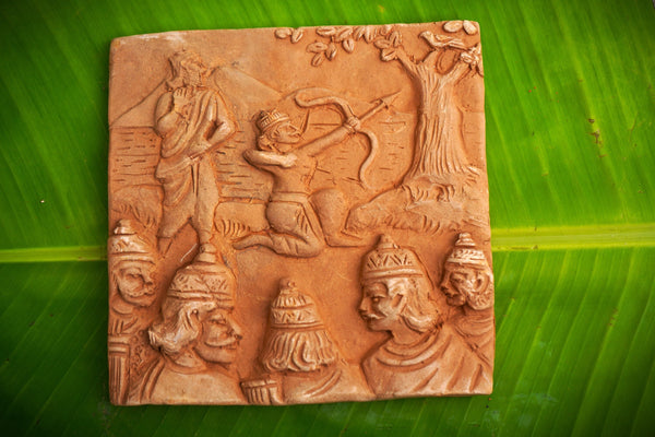 Handmade terracotta tiles depicting scenes of Mahabharat -set of 4 - Hindu Mythology Art - Folk Art - Spiritual Indian Art  by MollisArts