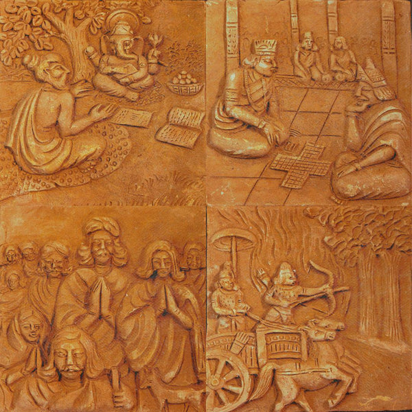Handmade terracotta tiles depicting scenes of Mahabharat -Series 1 - set of 4 - Hindu Mythology Art - Spiritual Indian Art  by MollisArts