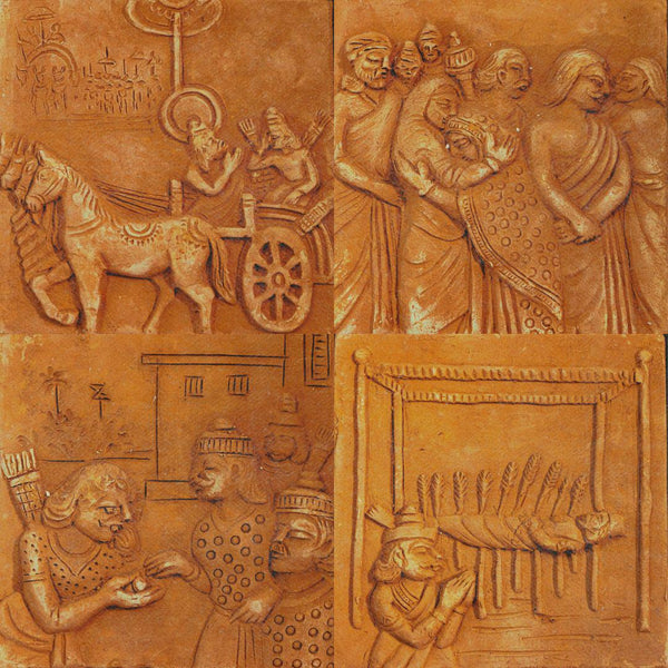Handmade terracotta tiles depicting scenes of Mahabharat -Series 3 - set of 4 - Hindu Mythology Art - Spiritual Indian Art  by MollisArts