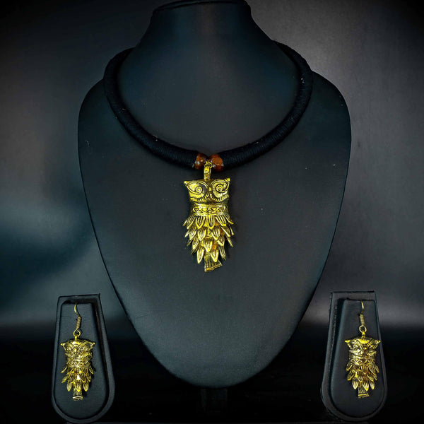 test Indian Handmade Tribal jewelry - Dokra or Dhokra Owl Necklace and earring set made of brass - Indic Boho Fashion - Presented by MollisArts